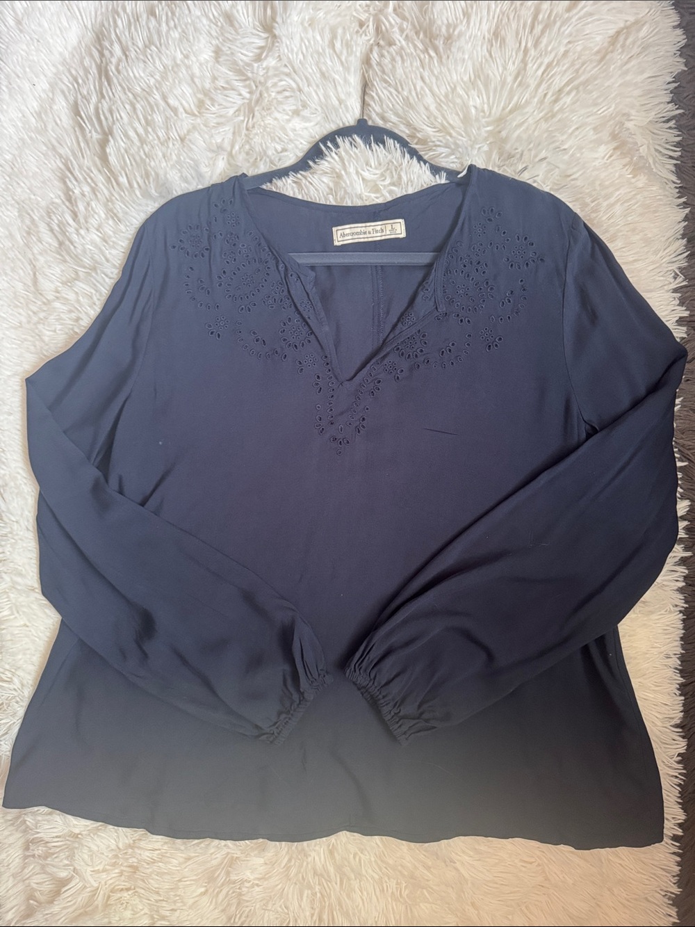 Abercrombie & Fitch Navy Eyelet V-Neck Long Sleeve Top